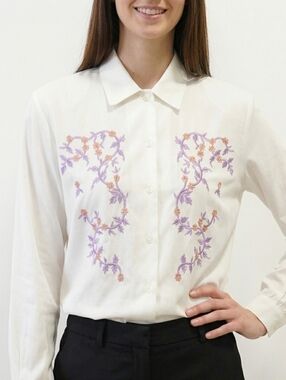 Vintage 100% Cotton Cream Button-Up Blouse Lavender Peach Floral Embroidery Sz S